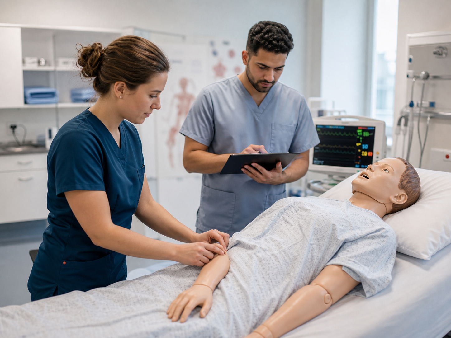 Pflegekräfte trainieren an einer Simulationspuppe im Skills Lab